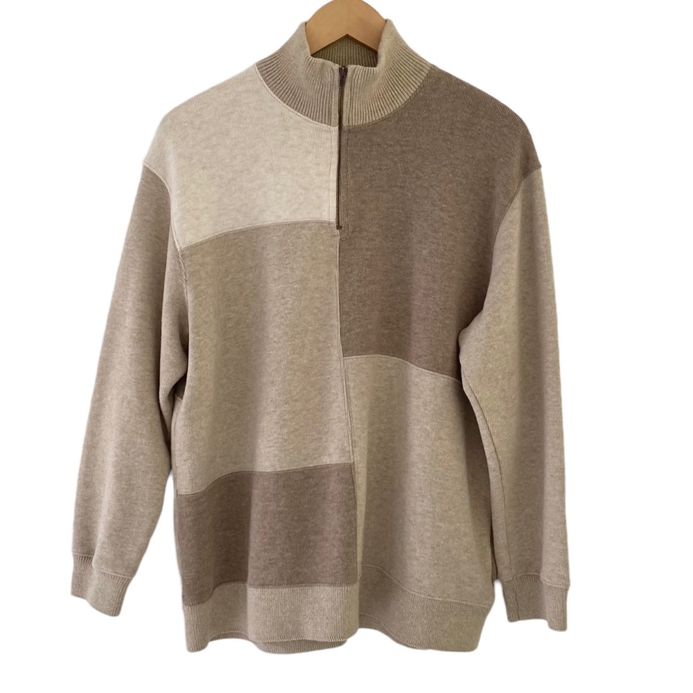 Jones New York Sport Qtr Zip 100% Cotton Color Block Neutral Coastal Sweater | L